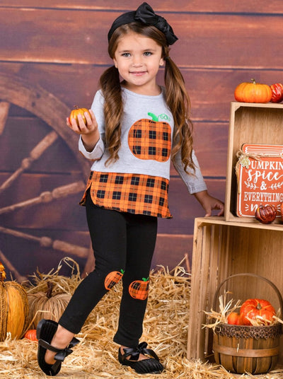 Girls Plaid Pumpkin Elbow Patch Tunic And Knee Patch Legging Set