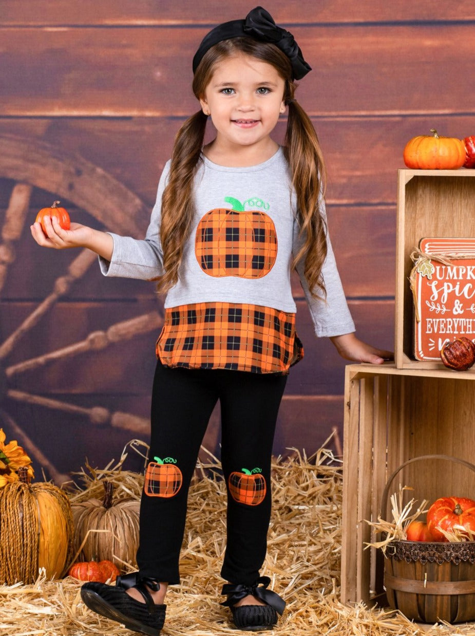 Girls Plaid Pumpkin Elbow Patch Tunic And Knee Patch Legging Set