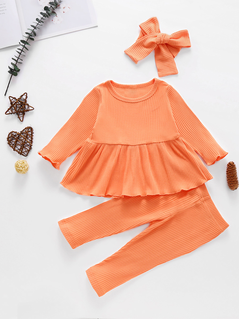 Baby Ribbed Ruffle Long Sleeve Shirt and Legging Set With Headband Orange
