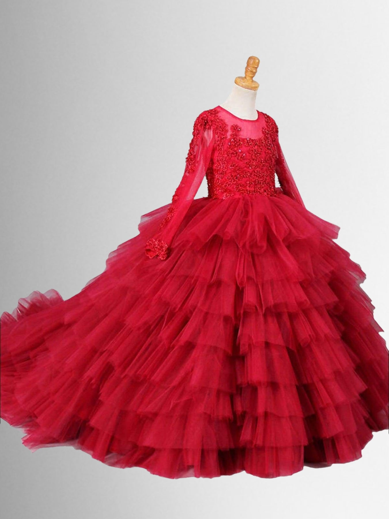 Girls Winter Formal Wear | Long Sleeve Mesh Tiered Tulle Holiday Gown ...