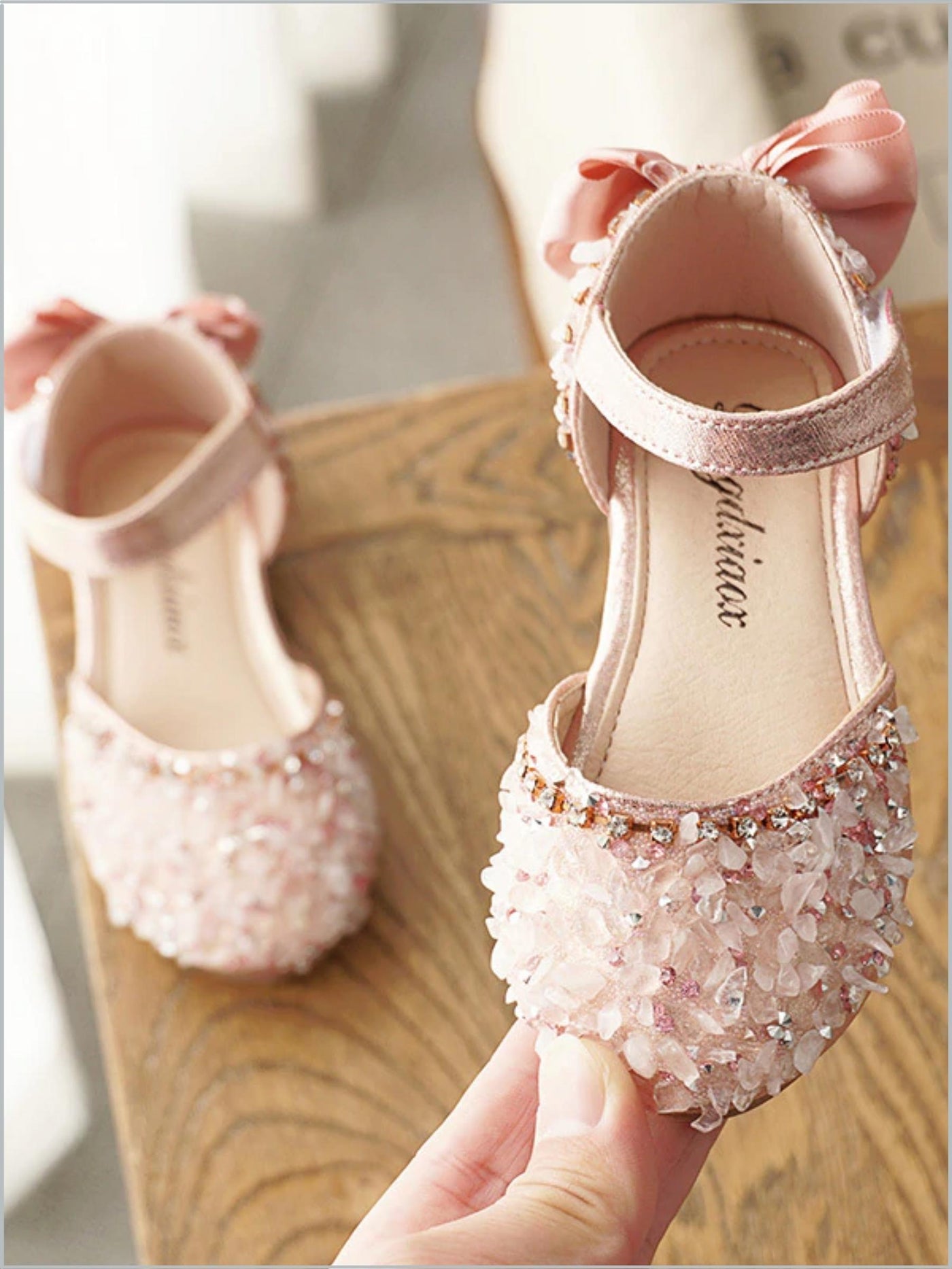 Girls Rhinestone Sparkle Heel Bow Flats By Liv and Mia - Pink