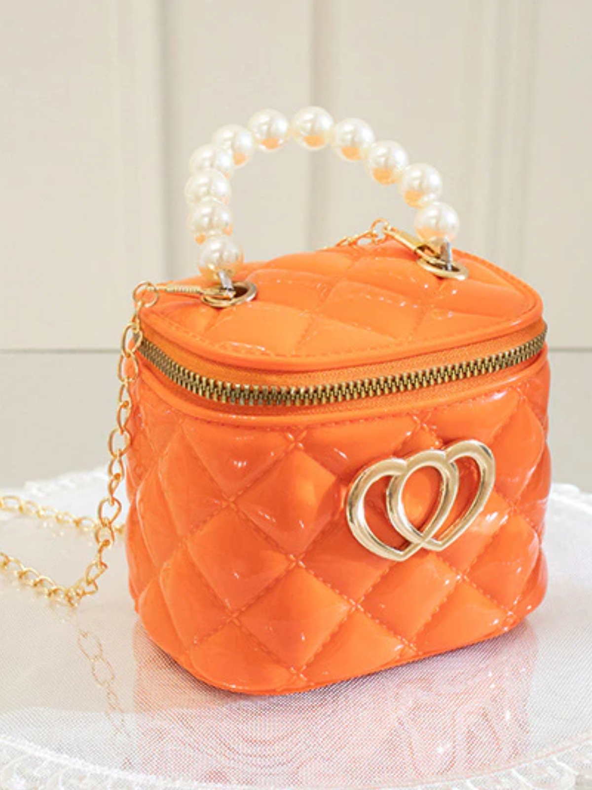 Heart Patent Bucket Handbag Orange