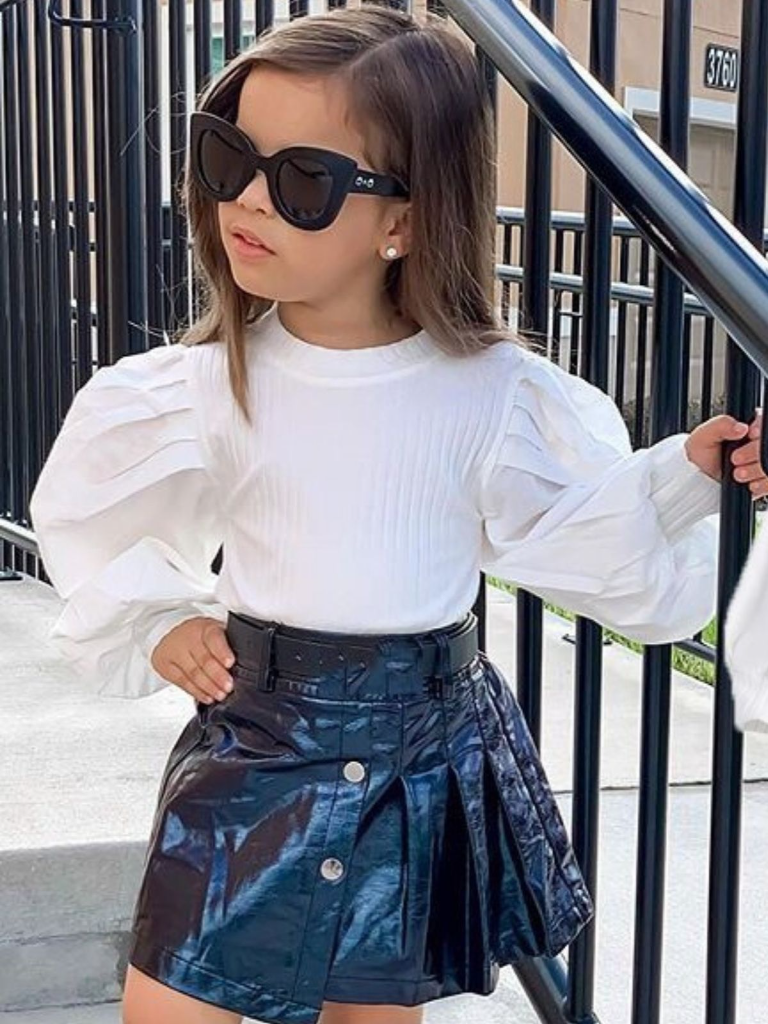 Girls Need Puff Sleeved Top with Vegan Leather Skirt -  Mia Belle Girls