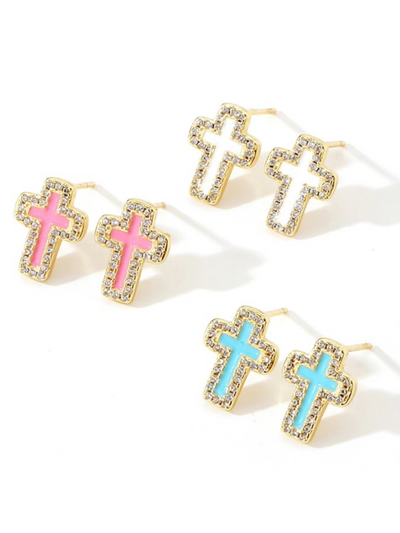 Girls Formal Accessories | Colorful Cross Gold Plated Stud Earrings