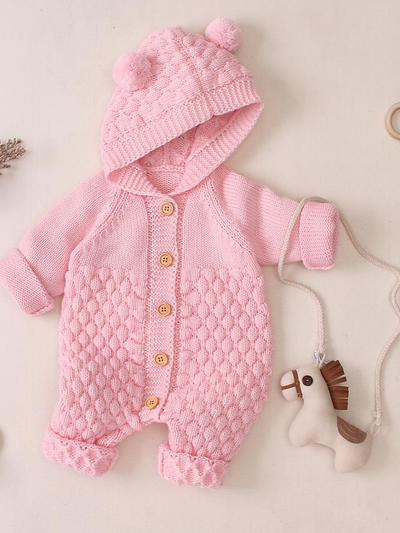 Baby Sweater Knit Fall Time Hooded Button Down Onesie Pink