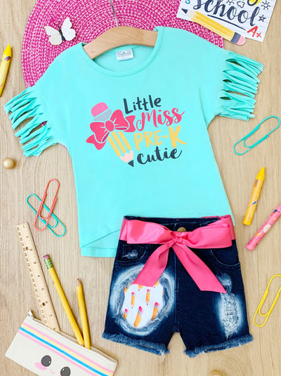 First Day of School | Little Miss Pre-K Patched Shorts Set | Mia Belle Girls