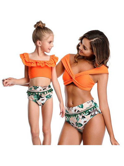 Women's Orange and tropical leaf two piece swimsuit S to XXL