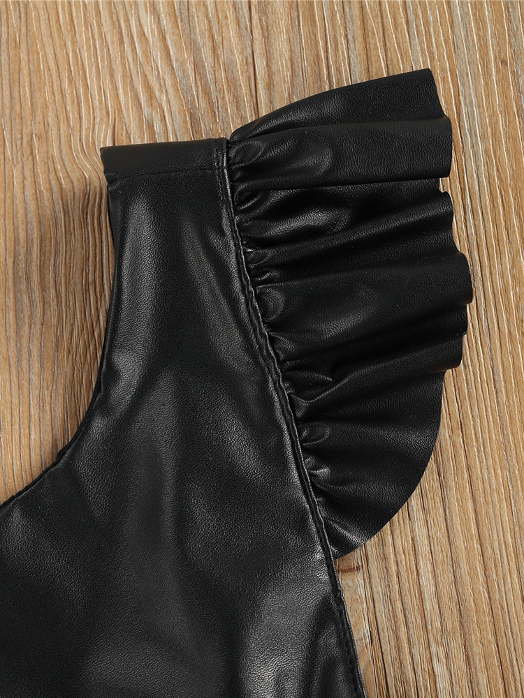 Girls Dressy Dresses | Black Vegan Leather Flutter Overall Dress