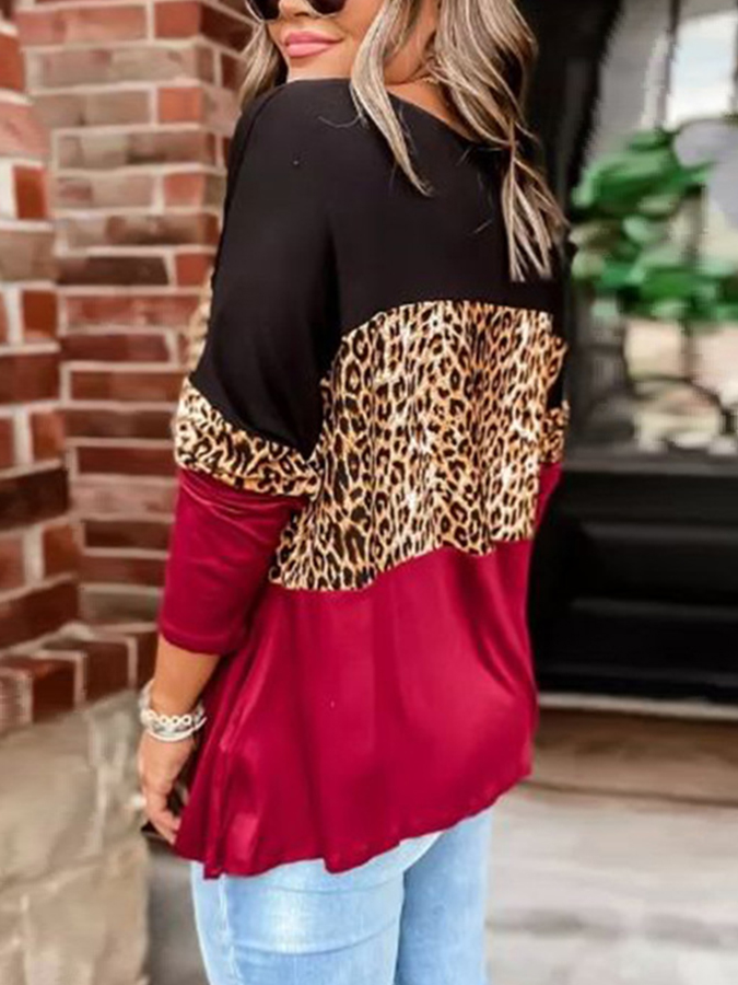 Women's Leopard Color Block Loose Fit Long Sleeve Top Burgundy