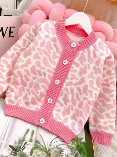 Mia Belle Girls Pink Cow Print Cardigan | Girls Winter Sweaters