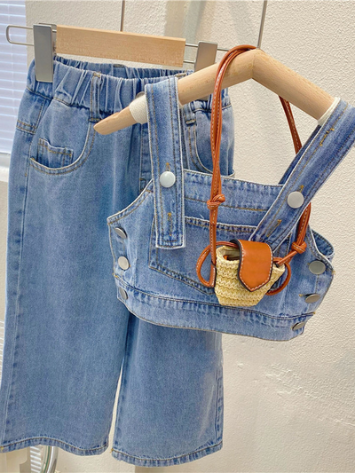 Little girls preppy adjustable strapped denim overall crop top with front pocket and matching denim pants with elastic waistband - Mia Belle Girls