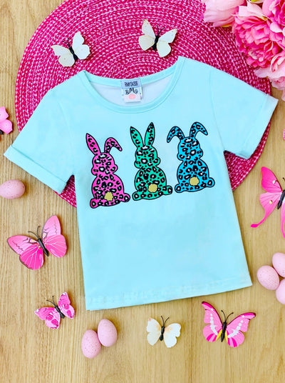 Girls Cute Easter Tops | Leopard Print Bunnies Short Sleeve Top