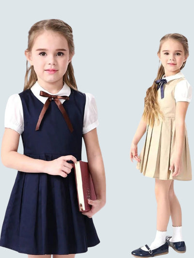 Girls Preppy Bow Tie Collar Pleated A-Line School Girl Uniform Dress