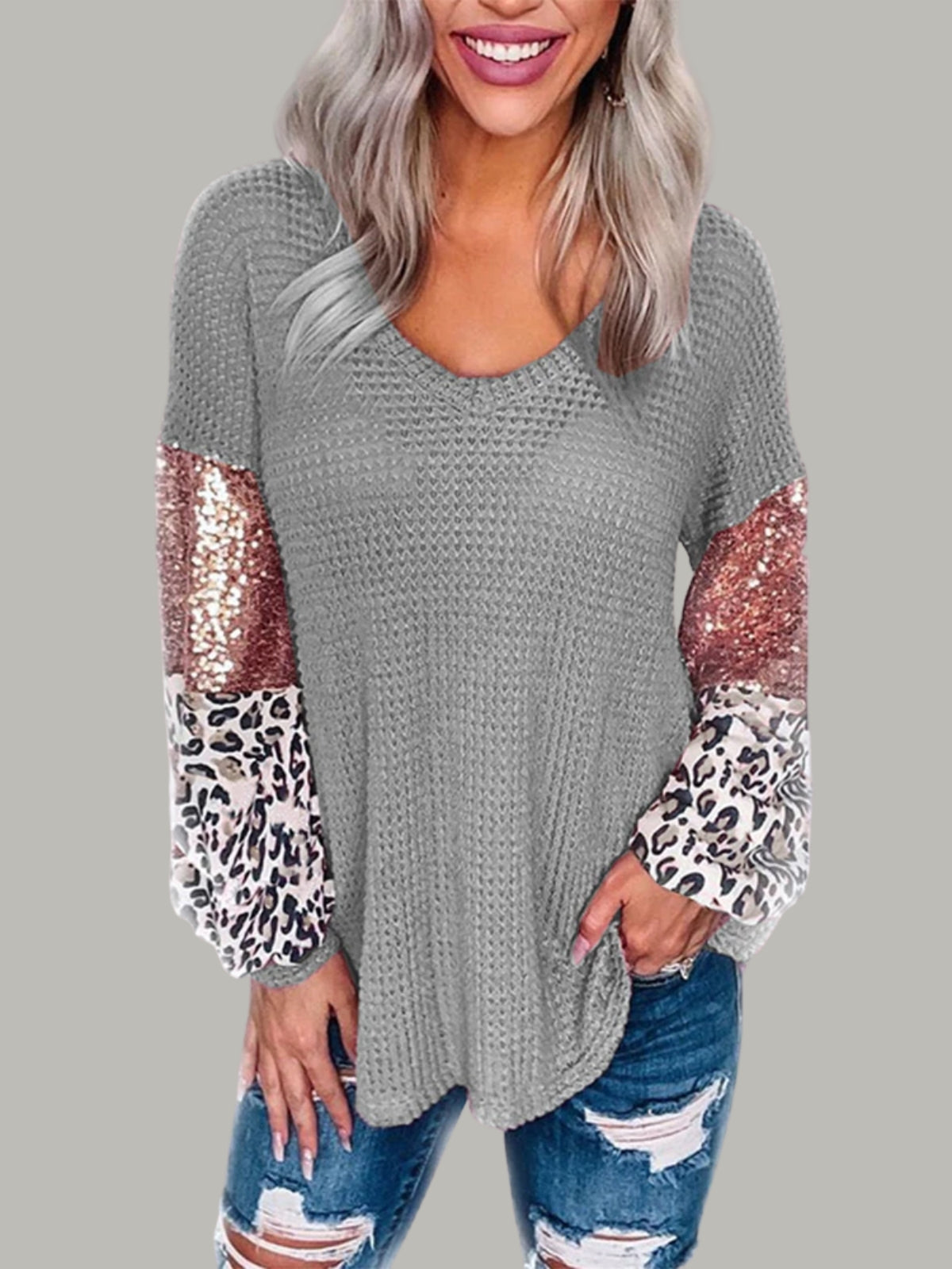 Women's Sequin and Leopard Long-Sleeved Top