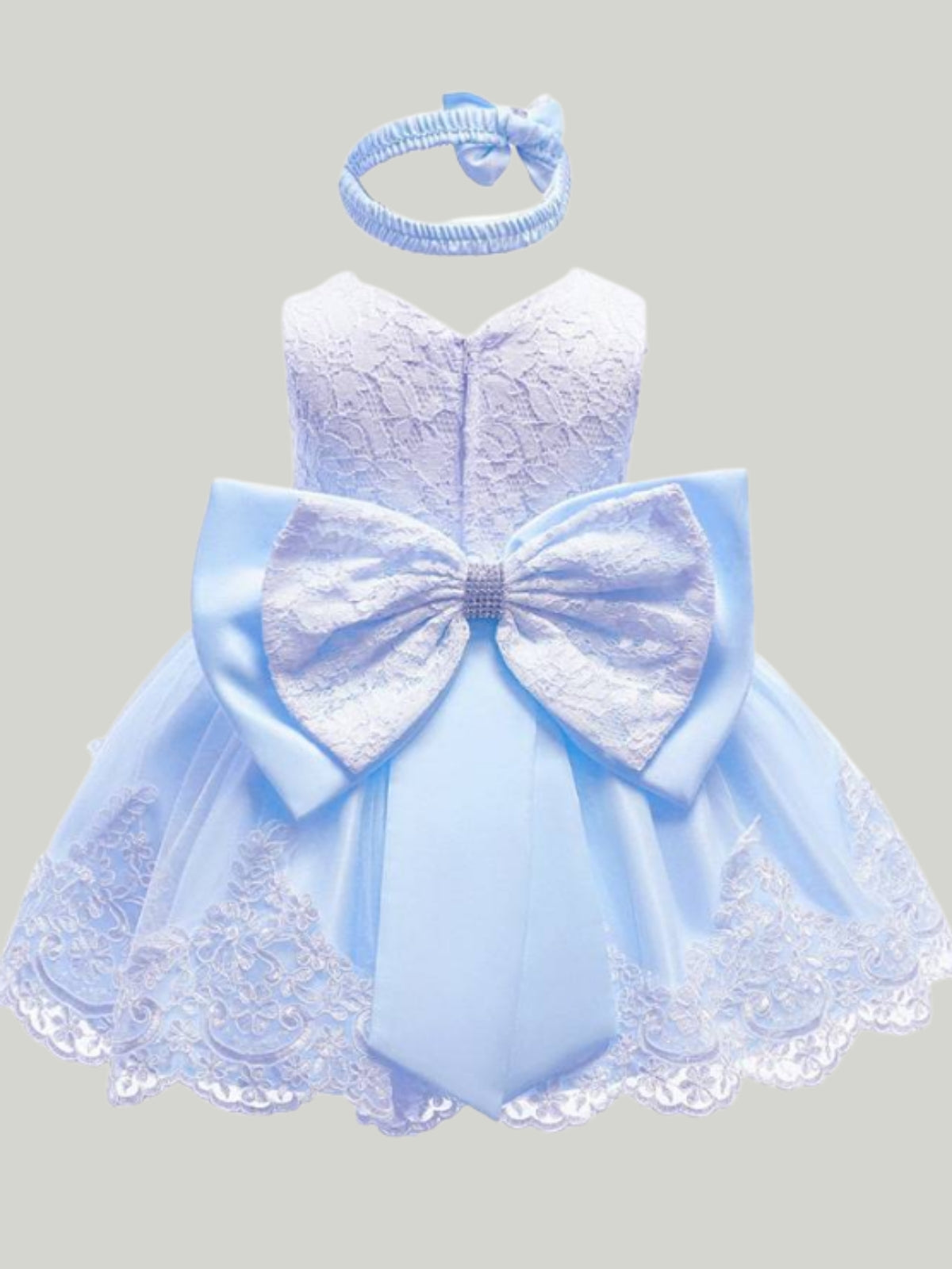 Baby Spring dress has a short-sleeved lace bodice and a skirt with lace hem and a big bow on the back, comes with a matching headband