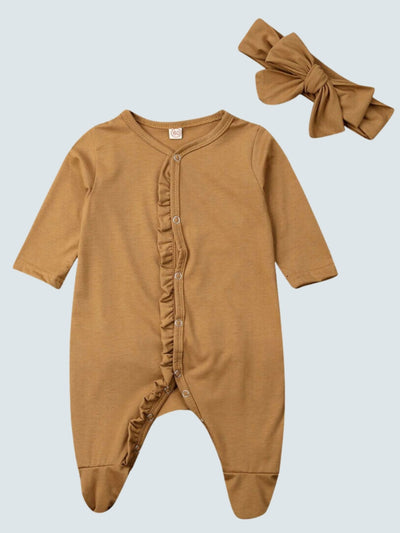 Baby Ready To Play Ruffle Jumpsuit Onesie With Bow Headband Set