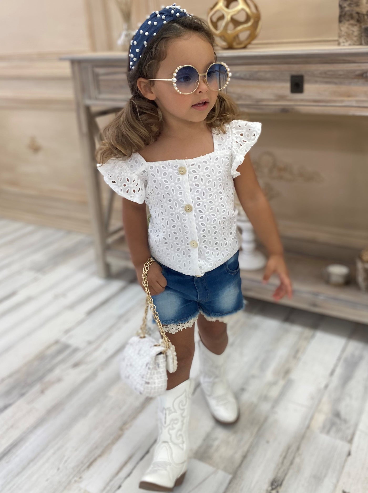 Girls Lace Flutter Sleeve Button Top and Denim Shorts Set - White / 2T - Girls Spring Casual Set