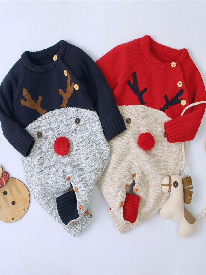 Baby Red-Nosed Rudolph Long-Sleeved Knit Onesie - Mia Belle Girls