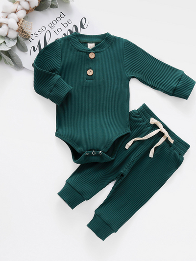 Baby Comfy Cozy Cotton Ribbed Long Sleeve Onesie and Pants Set Green