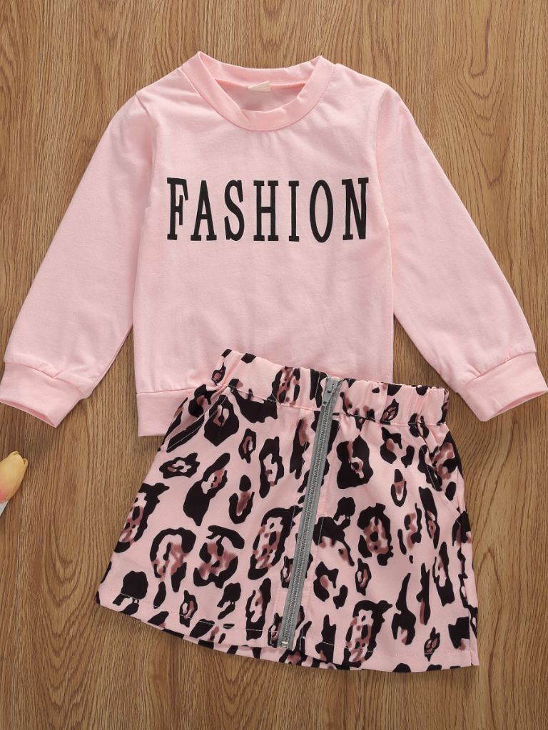 Girls High Fashion Animal Print Long Sleeve Top and Skirt Set