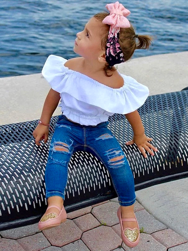 Girls Spring Outfits | Ruffle Bib White Top & Ripped Jeans Set