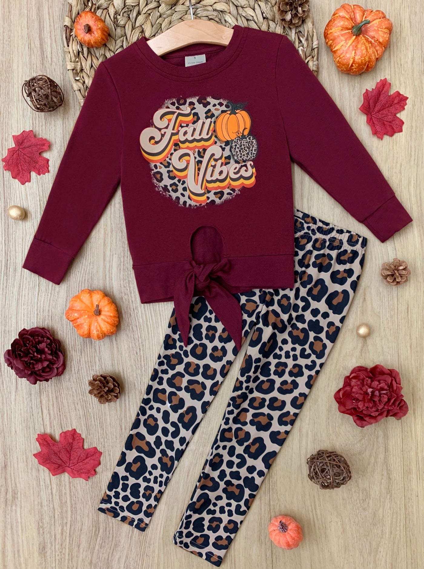 Fall Vibes Knot Hem Pullover & Leopard Legging Set - Mia Belle Girls