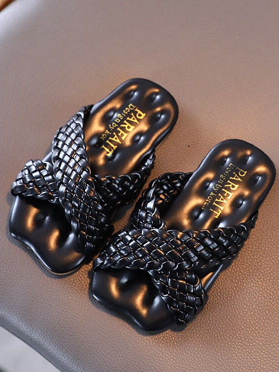 Girls Woven Vegan Leather Slides By Liv and Mia - Black - Mia Belle Girls