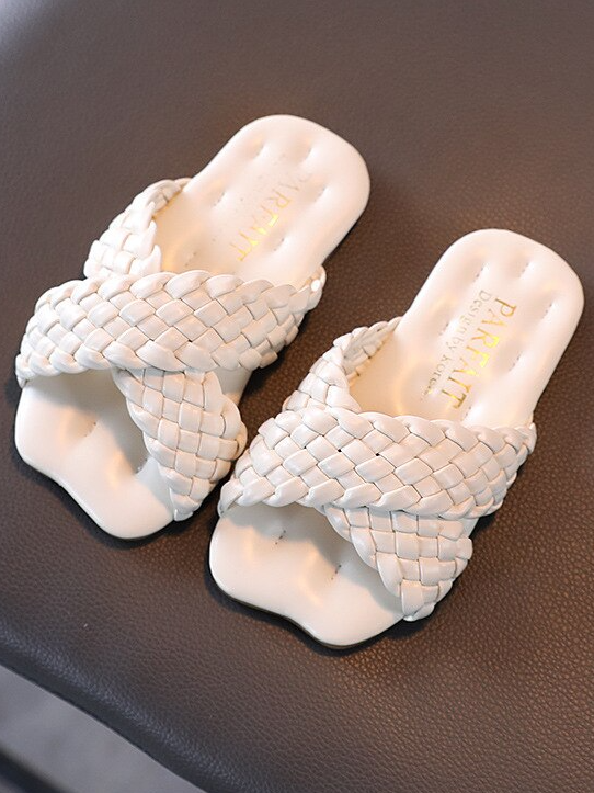 Girls Woven Vegan Leather Slides By Liv and Mia - White - Mia Belle Girls