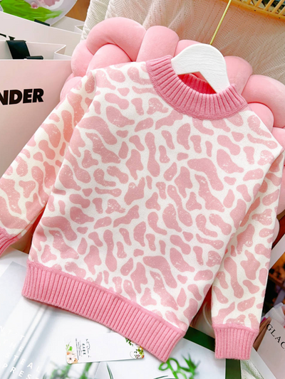 Mia Belle Girls Cow Print Pullover Sweater | Girls Winter Sweaters