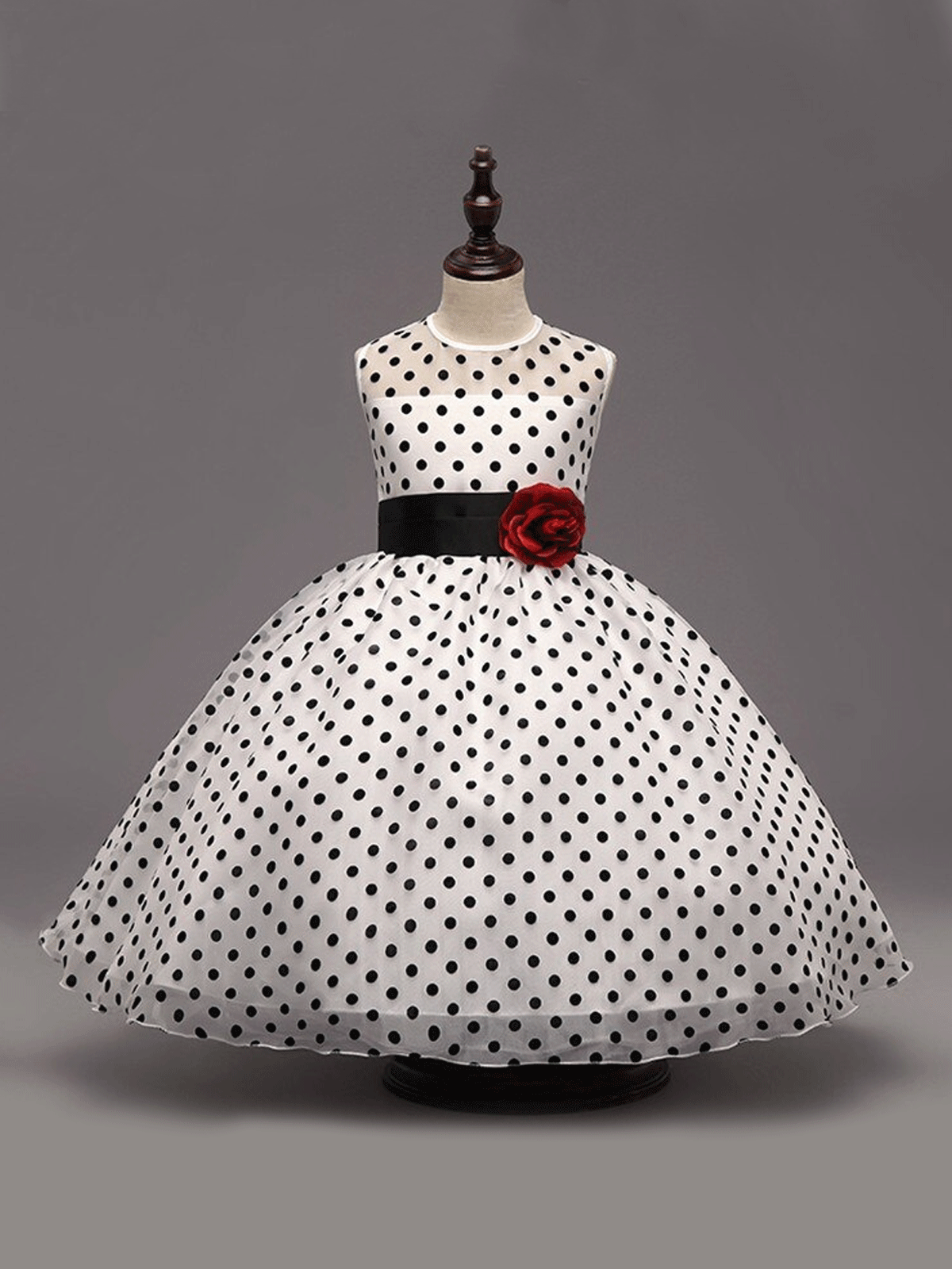 Girls Elegant Sleeveless Formal Polka Dot Dress with Flower Sash ( 2 Color Options)