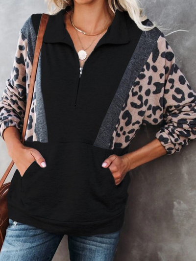 Women's Leopard Color Block Quarter-Zip Sweater - Mia Bell Girls