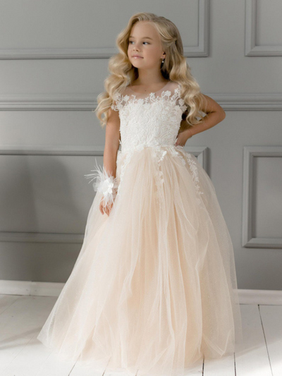Girls Communion Dresses | Beige Sheer Collar Floral Lace Tulle Gown