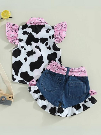 Mia Belle Girls Cow Print Denim Short Set | Girls Cowgirl Outfits