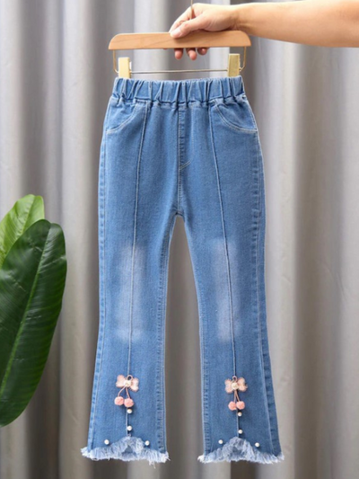 Mia Belle Girls Bowknot Frayed Jeans | Girls Casual