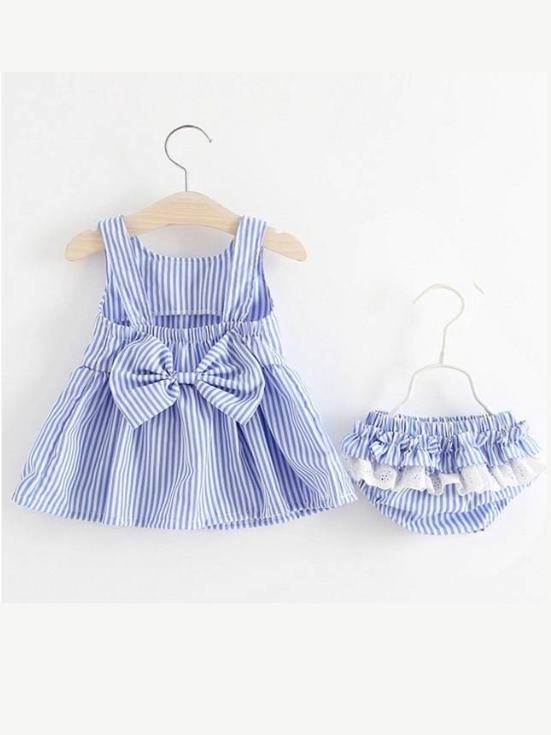 Baby Striped dress with bow at the back and ruffled matching bloomers