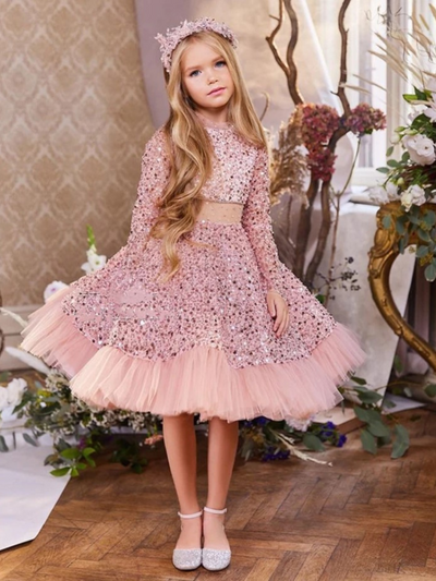 Little Girls Formal Dresses | Pink Long Sleeve Sequin Princess Dress