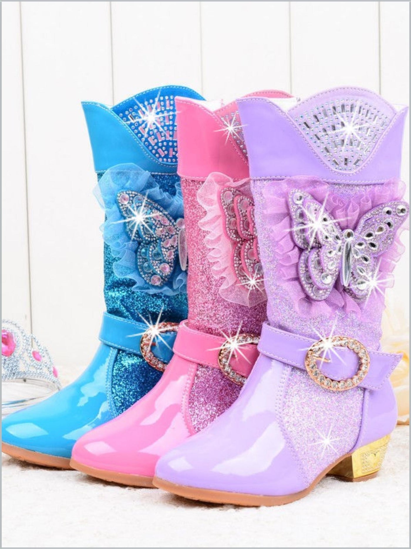 Girls Leather Mid-Calf Glitter Sparkle Butterfly Boots By Liv and Mia
