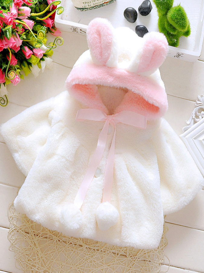 Baby Snow Bunny Ear Hooded Fleece Coat - White