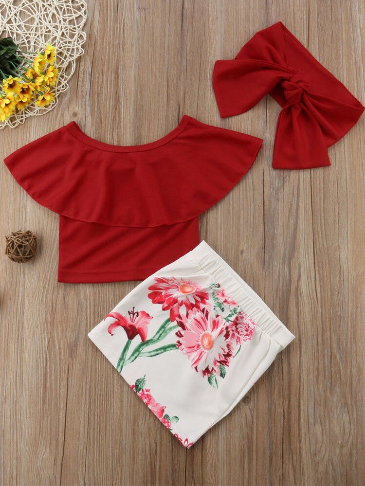 Toddler Spring Outfits | Red Ruffle Bib Top & Floral Print Skirt Set