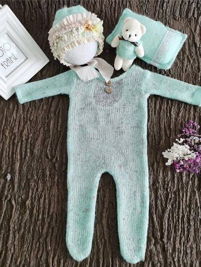 Baby Photoshoot Onesie with Cap, Pillow and Doll Set-Mint