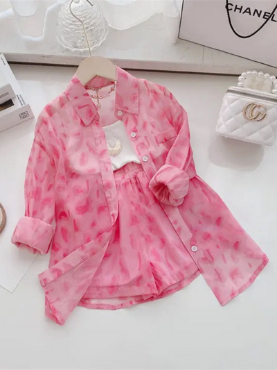 Mia Belle Girls Pink Leopard Print Sheer Top & Short Set | Resort Wear