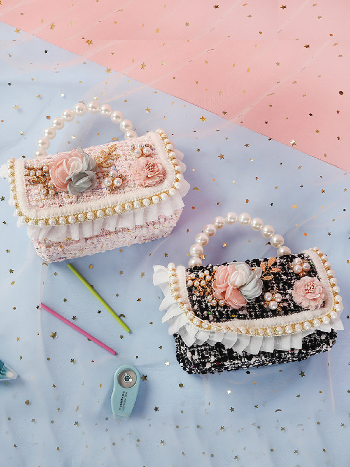 Mia Belle Girls Pearl-Embellished Tweed Bag | Girls Accessories