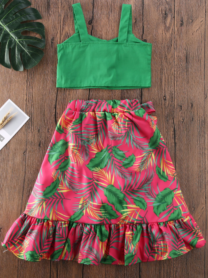 Kids Resort Wear | Girls Cropped Top & Tropical Hi-Lo Wrap Skirt 