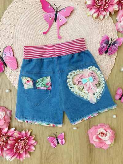 Kids Denim Clothes | Floral Heart Denim Shorts | Mia Belle Girls