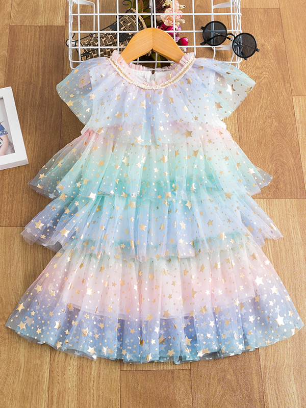Girls Spring Dresses | Pastel Rainbow Sequin Star Tiered Tulle Dress
