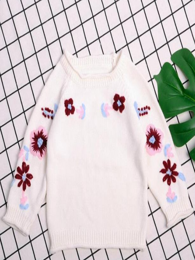 Baby Embroidered Angel Floral Long Sleeve Sweater - White