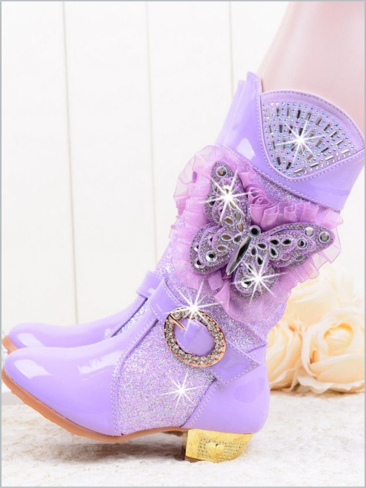 Girls Leather Mid-Calf Glitter Sparkle Butterfly Boots By Liv and Mia