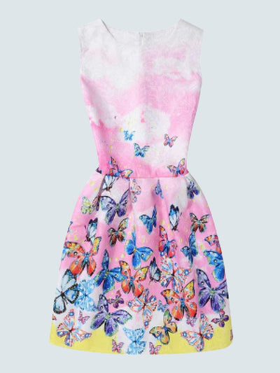 Girls Printed A-Line Dress - Pink Butterfly / 6 - Girls Spring Casual Dress