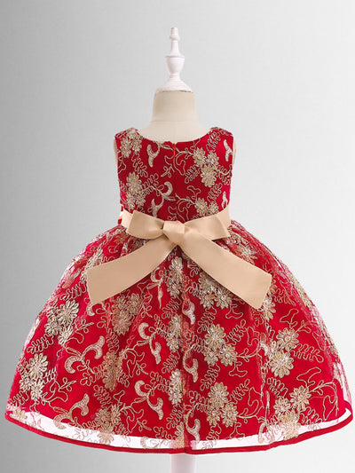 Winter Formal Wear | Girls Red & Gold Embroidered Holiday Dress