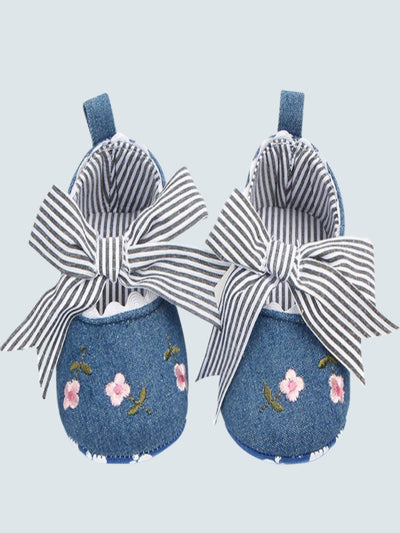 Baby Fancy Frill Embroidered Bowknot Ballerina Flats by Liv and Mia Navy